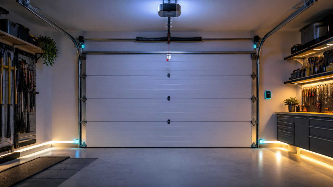 Garage interior with a small wall-mounted device (concept illustration)